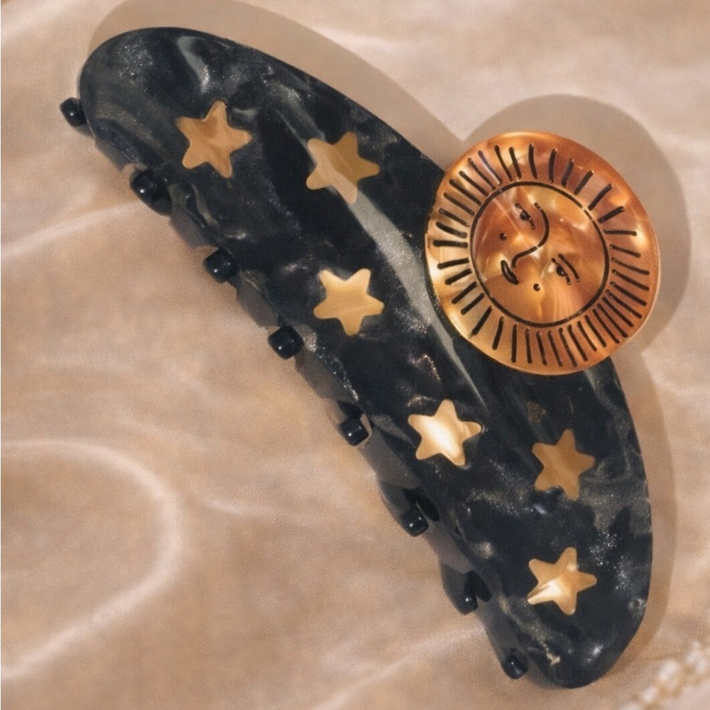 Sun and Stars Elegant Black Hair Claw  with Gold Stars
